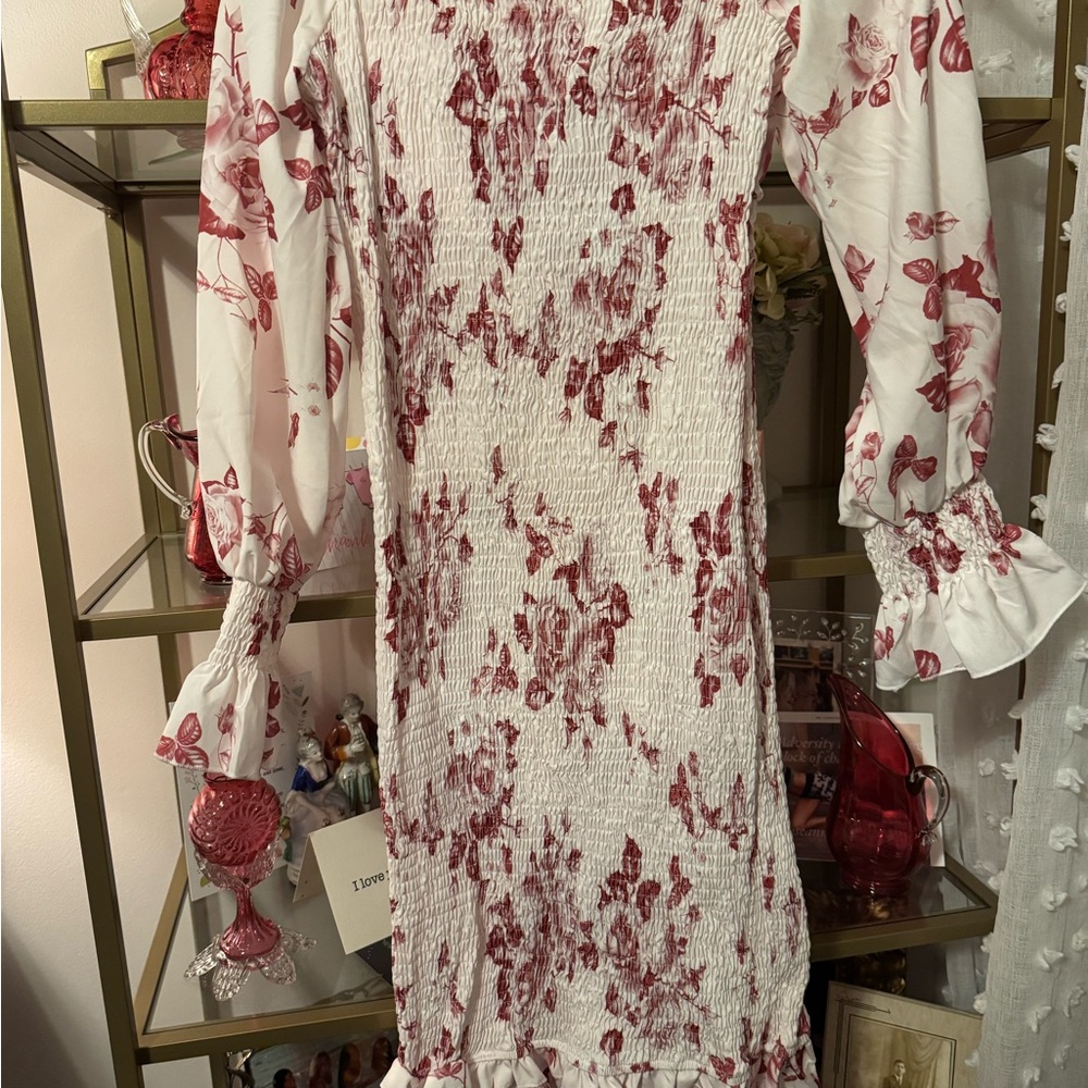 White and Red Floral Smocked Midi Dress